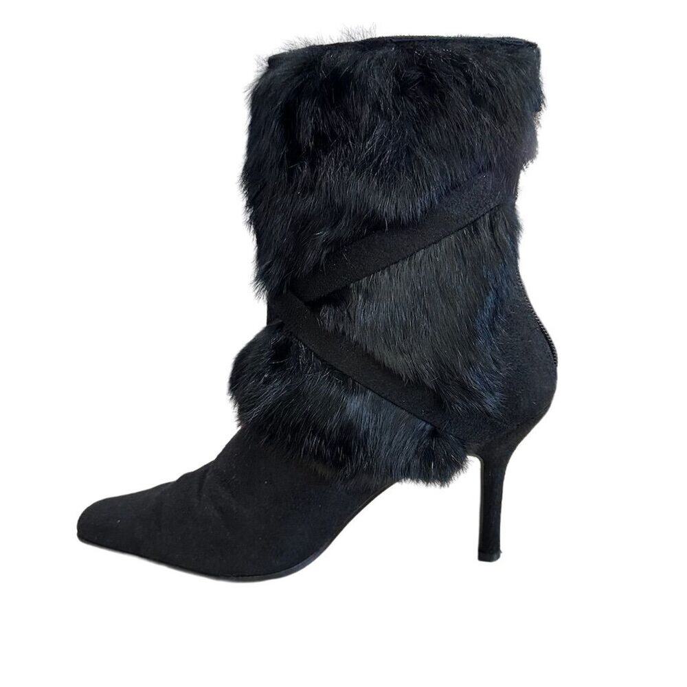 Pierre Dumas Women's Black Stiletto Heel Boots Size 9M Faux Fur Trim - Picture 4 of 9
